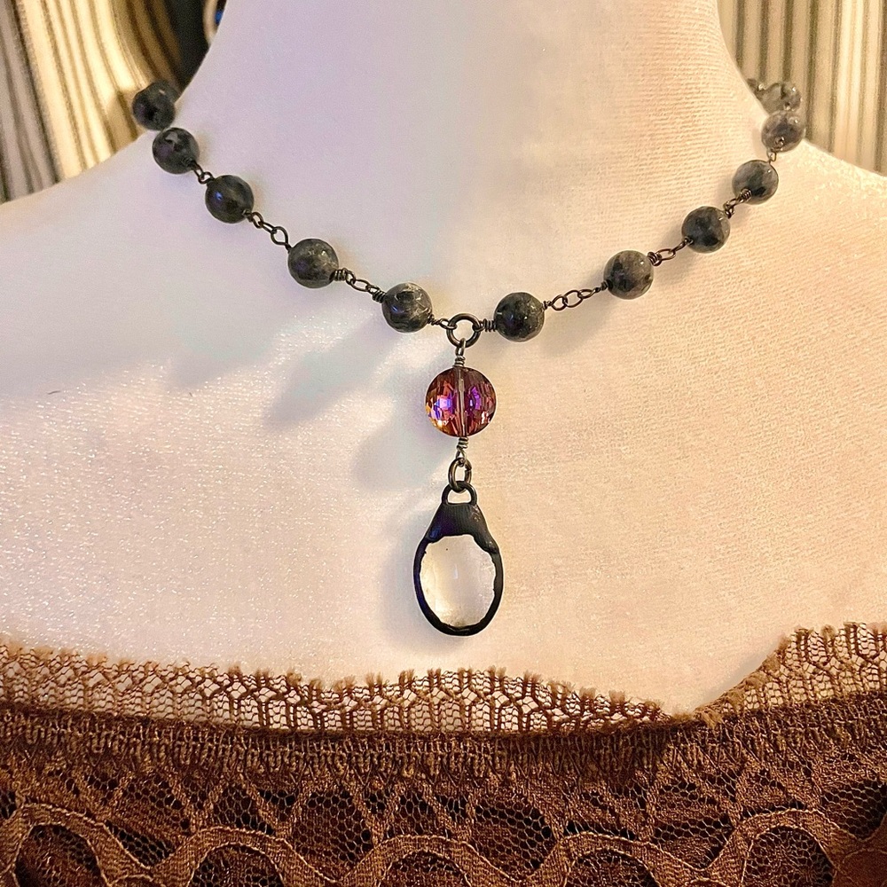 Short Black Marbled Linked Bead Necklace Crystal Amber Drop Choker